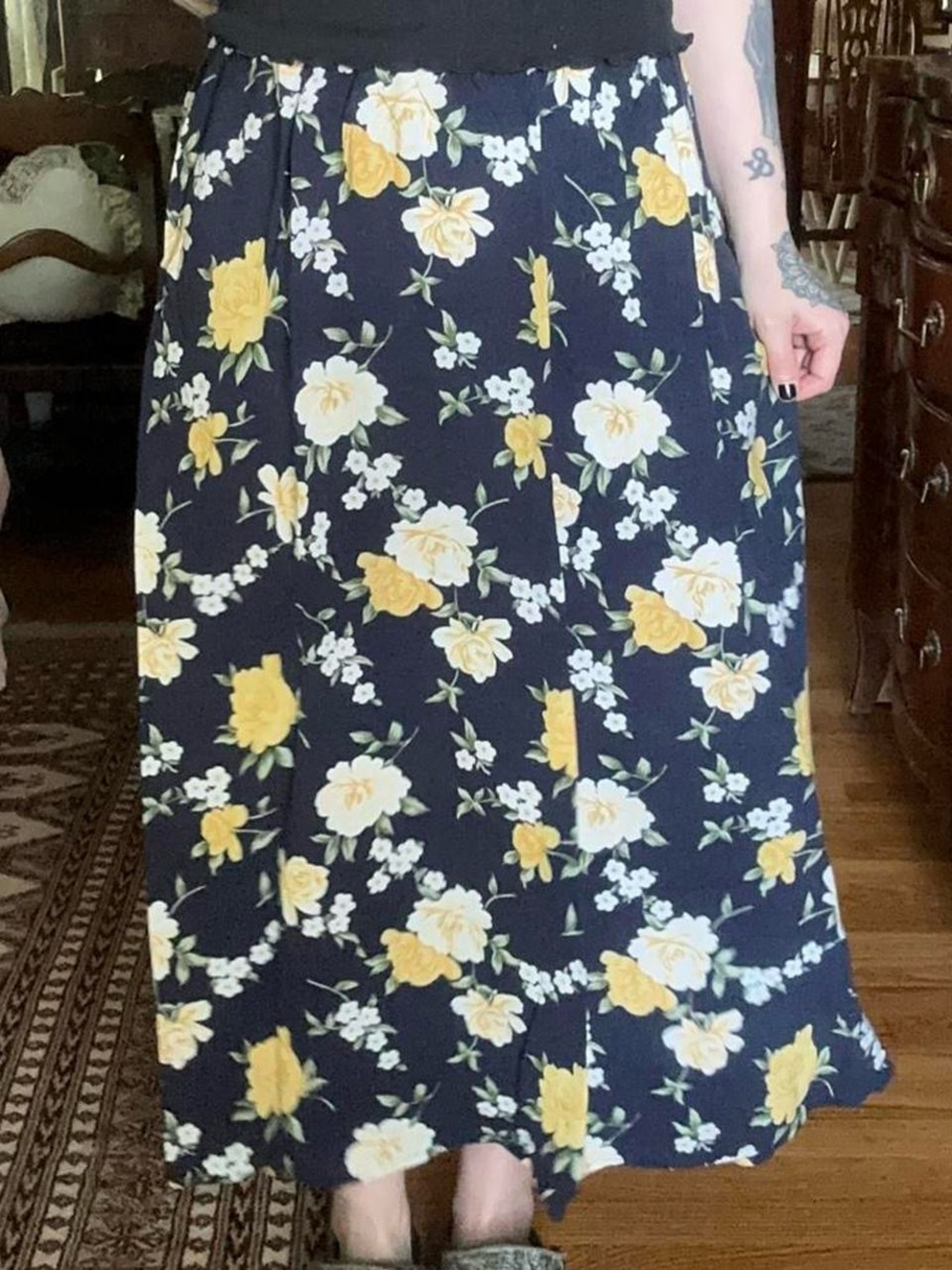 Women's Navy Floral A-Line Skirt with Yellow & White Flowers